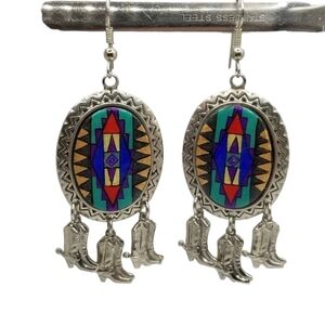 Silvertone Aztec Western Colorful Mosaic Dangle Earrings Cowboy Boots Large